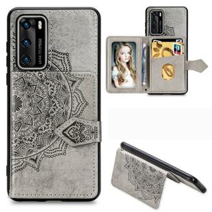 For Huawei P40 Mandala Embossed Magnetic Cloth PU + TPU + PC Case with Holder & Card Slots & Wallet & Photo Frame & Strap(Gray)