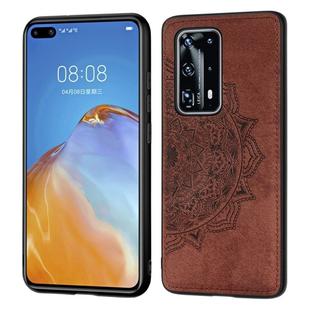 For Huawei P40 Pro+  Mandala Embossed Cloth Cover PC + TPU Mobile Phone Case with Magnetic Function and Hand Strap(Brown)
