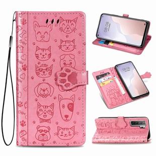 For Huawei Nova 7SE/P40 Lite 5G Cute Cat and Dog Embossed Horizontal Flip Leather Case with Bracket / Card Slot / Wallet / Lanyard(Pink)