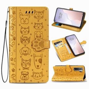 For Huawei Nova 7SE/P40 Lite 5G Cute Cat and Dog Embossed Horizontal Flip Leather Case with Bracket / Card Slot / Wallet / Lanyard(Yellow)
