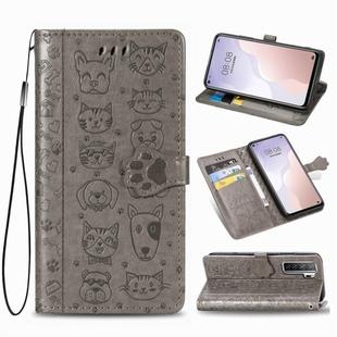 For Huawei Nova 7SE/P40 Lite 5G Cute Cat and Dog Embossed Horizontal Flip Leather Case with Bracket / Card Slot / Wallet / Lanyard(Gray)
