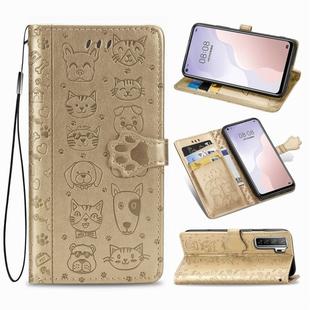 For Huawei Nova 7SE/P40 Lite 5G Cute Cat and Dog Embossed Horizontal Flip Leather Case with Bracket / Card Slot / Wallet / Lanyard(Gold)