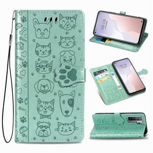 For Huawei Nova 7SE/P40 Lite 5G Cute Cat and Dog Embossed Horizontal Flip Leather Case with Bracket / Card Slot / Wallet / Lanyard(Green)
