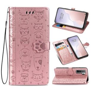 For Huawei Nova 7SE/P40 Lite 5G Cute Cat and Dog Embossed Horizontal Flip Leather Case with Bracket / Card Slot / Wallet / Lanyard(Rose Gold)