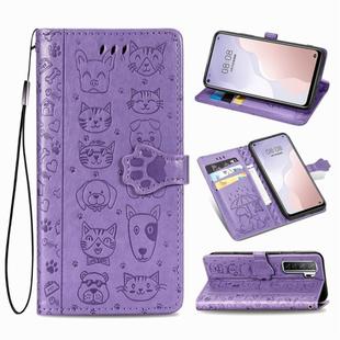 For Huawei Nova 7SE/P40 Lite 5G Cute Cat and Dog Embossed Horizontal Flip Leather Case with Bracket / Card Slot / Wallet / Lanyard(Purple)