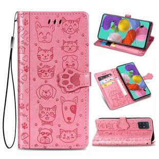 For Galaxy A71 5G Cute Cat and Dog Embossed Horizontal Flip Leather Case with Bracket / Card Slot / Wallet / Lanyard(Pink)