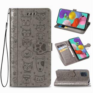 For Galaxy A71 5G Cute Cat and Dog Embossed Horizontal Flip Leather Case with Bracket / Card Slot / Wallet / Lanyard(Gray)