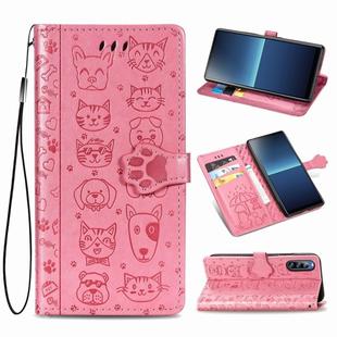 For Sony Xperia L4 Cute Cat and Dog Embossed Horizontal Flip Leather Case with Bracket / Card Slot / Wallet / Lanyard(Pink)