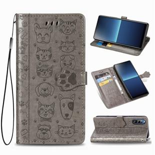 For Sony Xperia L4 Cute Cat and Dog Embossed Horizontal Flip Leather Case with Bracket / Card Slot / Wallet / Lanyard(Gray)