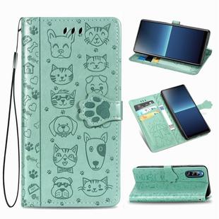 For Sony Xperia L4 Cute Cat and Dog Embossed Horizontal Flip Leather Case with Bracket / Card Slot / Wallet / Lanyard(Green)