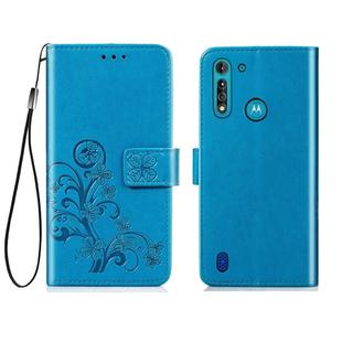 For Motorola Moto G8 Power Lite Four-leaf Clasp Embossed Buckle Mobile Phone Protection Leather Case with Lanyard & Card Slot & Wallet & Bracket Function(Blue)