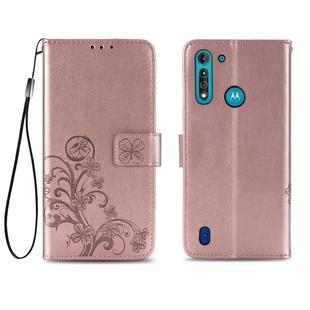 For Motorola Moto G8 Power Lite Four-leaf Clasp Embossed Buckle Mobile Phone Protection Leather Case with Lanyard & Card Slot & Wallet & Bracket Function(Rose Gold)