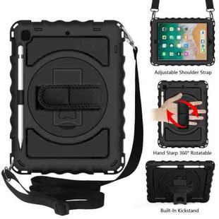 For iPad 9.7 (2018) & (2017) 360 Degree Rotation PC + Silicone Shockproof Combination Case with Holder & Hand Grip Strap & Neck Strap(Black)