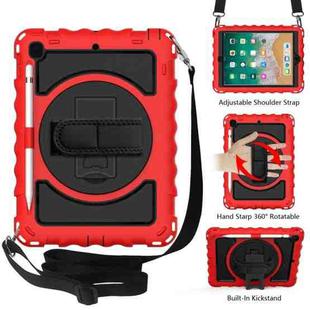 For iPad 9.7 (2018) & (2017) 360 Degree Rotation PC + Silicone Shockproof Combination Case with Holder & Hand Grip Strap & Neck Strap(Red)