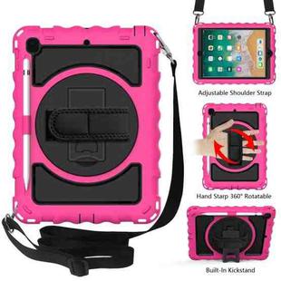 For iPad 9.7 (2018) & (2017) 360 Degree Rotation PC + Silicone Shockproof Combination Case with Holder & Hand Grip Strap & Neck Strap(Hot Pink)