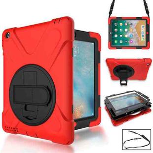 360 Degree Rotation Silicone Protective Cover with Holder and Hand Strap and Long Strap for iPad 9.7 (2017) & (2018)(Red)