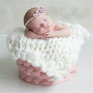50x50cm New Born Baby Knitted Wool Blanket Newborn Photography Props Chunky Knit Blanket Basket Filler(White)