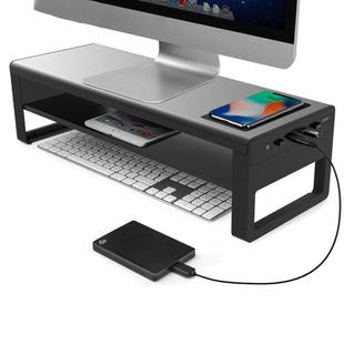 Vaydeer Metal Display Increase Rack Multifunctional Usb Wireless Laptop Screen Stand, Style:L-Wireless Charging Double Layer-Black(Wireless Charger+1xSplitter+4xUSB3.0)