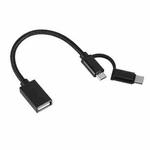 USB 3.0 Female to Micro USB + USB-C / Type-C Male Charging + Transmission OTG Nylon Braided Adapter Cable, Cable Length: 19cm(Black)