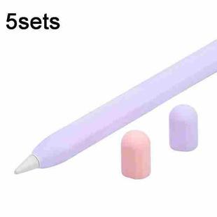 5sets 3 in 1 Stylus Silicone Protective Cover + Two-Color Pen Cap Set For Apple Pencil 2(Purple)