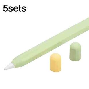 5sets 3 in 1 Stylus Silicone Protective Cover + Two-Color Pen Cap Set For Apple Pencil 2( Matcha Green)