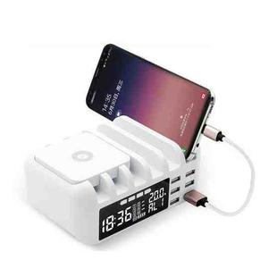 QC 3.0+5 USB Ports+QI Wireless Charging Multi-function Charger with Clock Function,EU Plug(White)