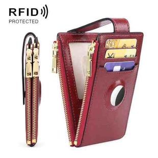 Two Layer Oil Waxed Leather Zip RFID  Coin Purse Tracker Card Holder For AirTag(Wine Red)