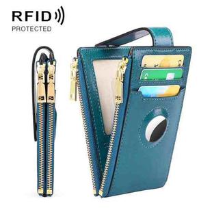 Two Layer Oil Waxed Leather Zip RFID  Coin Purse Tracker Card Holder For AirTag(Peacock Blue)