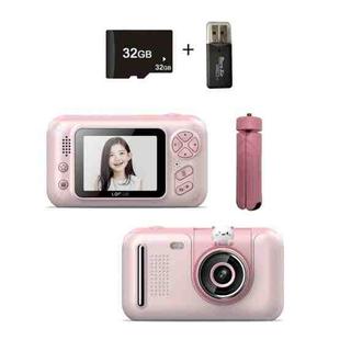 2.4 Inch Children HD Reversible Photo SLR Camera, Color: Pink + 32G Memory Card + Card Reader