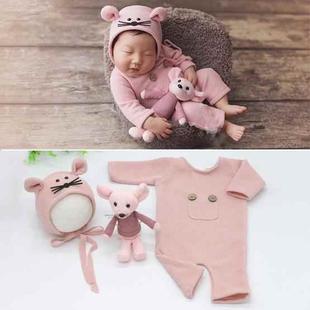 Newborn Photography Clothing Baby Knitted Jumpsuit + Hat + Mouse Doll Three-Piece Set(Pink)