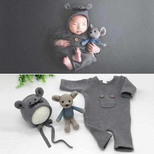 Newborn Photography Clothing Baby Knitted Jumpsuit + Hat + Mouse Doll Three-Piece Set(Grey)