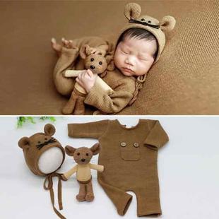 Newborn Photography Clothing Baby Knitted Jumpsuit + Hat + Mouse Doll Three-Piece Set(Brown)