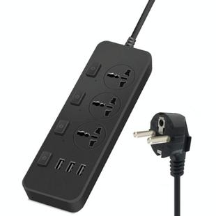 T14 2m 2500W 3 Plugs + 3-USB Ports Multifunctional Socket With Switch, Specification: EU Plug (Black)
