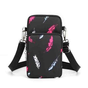 Crossbody Mobile Phone Bag Vertical Wallet Arm Bag With Headphone Hole(Black Feather)