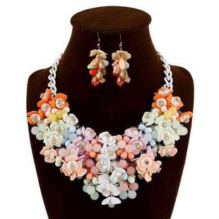 Fashion Exaggerated Color Crystal Gemstone Flower Necklace Earring Sets (Colour: Color)