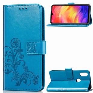 Lucky Clover Pressed Flowers Pattern Leather Case for Xiaomi Redmi Note 7, with Holder & Card Slots & Wallet & Hand Strap (Blue)