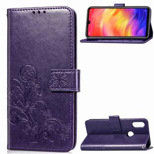 Lucky Clover Pressed Flowers Pattern Leather Case for Xiaomi Redmi Note 7, with Holder & Card Slots & Wallet & Hand Strap (Purple)