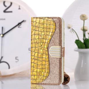 Laser Glitter Powder Matching Crocodile Texture Horizontal Flip Leather Case for Galaxy A30 / A20, with Card Slots & Holder (Gold)