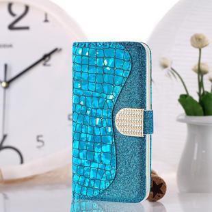 Laser Glitter Powder Matching Crocodile Texture Horizontal Flip Leather Case for Galaxy A30 / A20, with Card Slots & Holder (Blue)