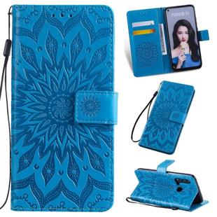 Pressed Printing Sunflower Pattern Horizontal Flip PU Leather Case for Huawei Nova 5i / P20 Lite (2019), with Holder & Card Slots & Wallet & Lanyard (Blue)