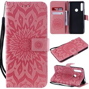 Pressed Printing Sunflower Pattern Horizontal Flip PU Leather Case for Huawei P Smart Z / Y9 Prime (2019), with Holder & Card Slots & Wallet & Lanyard (Pink)