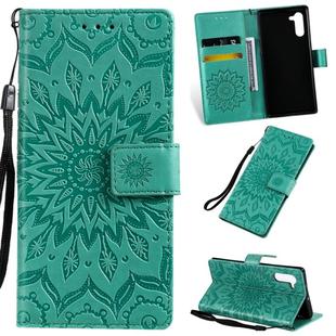 Pressed Printing Sunflower Pattern Horizontal Flip PU Leather Case for Galaxy Note 10, with Holder & Card Slots & Wallet & Lanyard (Green)