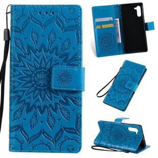 Pressed Printing Sunflower Pattern Horizontal Flip PU Leather Case for Galaxy Note 10, with Holder & Card Slots & Wallet & Lanyard (Blue)
