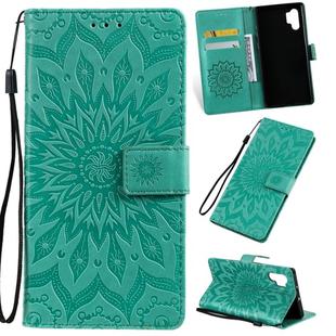 Pressed Printing Sunflower Pattern Horizontal Flip PU Leather Case for Galaxy Note 10+ / Note 10 Pro, with Holder & Card Slots & Wallet & Lanyard (Green)