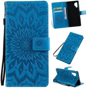 Pressed Printing Sunflower Pattern Horizontal Flip PU Leather Case for Galaxy Note 10+ / Note 10 Pro, with Holder & Card Slots & Wallet & Lanyard (Blue)