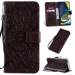 Pressed Printing Sunflower Pattern Horizontal Flip PU Leather Case for Galaxy A80, with Holder & Card Slots & Wallet & Lanyard (Brown)