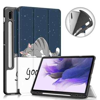 For Samsung Galaxy Tab S7 FE 12.4 inch Painted TPU Horizontal Flip Tablet Leather Case with 3-Fold Holder & Sleep / Wake-up Function(Lazy Cat)