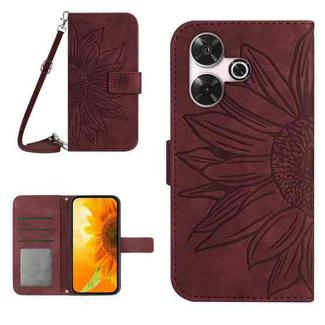 For Xiaomi Redmi 13 4G Global / 5G Global Skin Feel Sun Flower Embossed Flip Leather Phone Case with Lanyard(Wine Red)