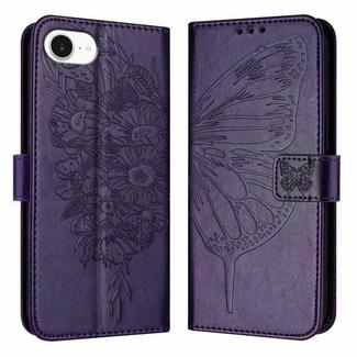 For iPhone 16e Embossed Butterfly Leather Phone Case(Dark Purple)