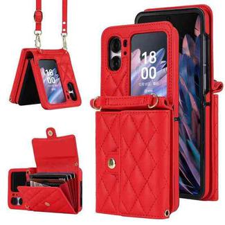 For OPPO Find N2 Flip Rhombic Texture Card Bag PU Phone Case with Long Lanyard(Red)